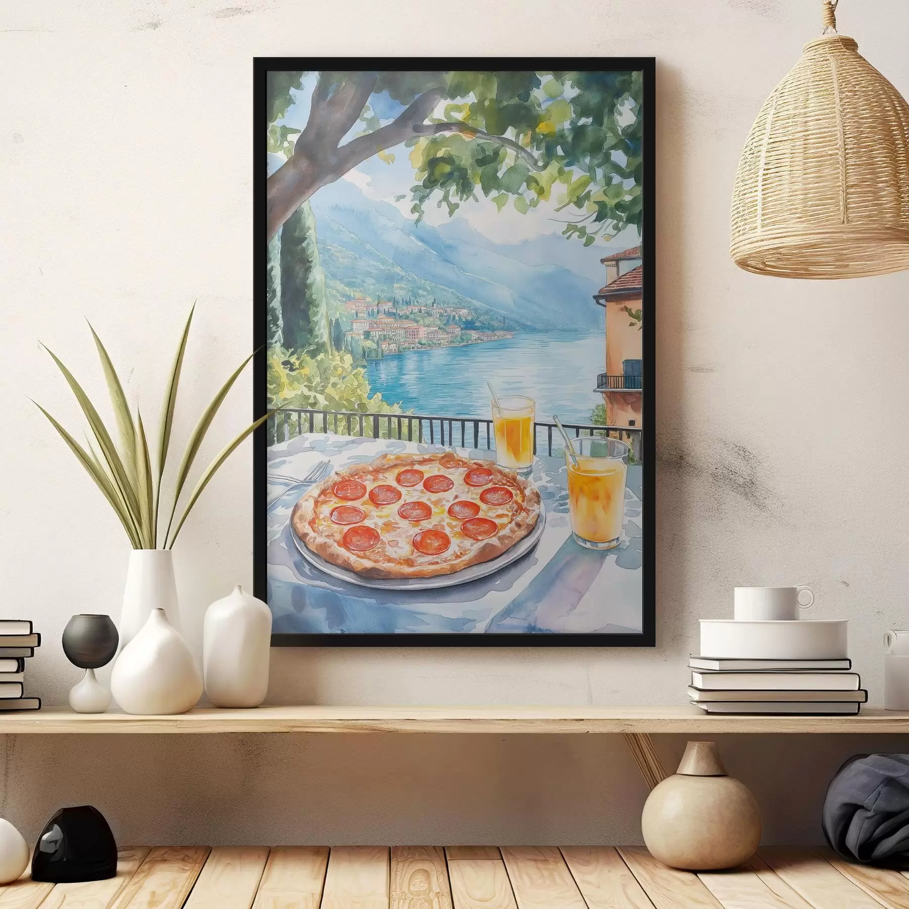 Tableau Brunch en Italie, style aquarelle, pizza margarita, lac, nature estivale f42436