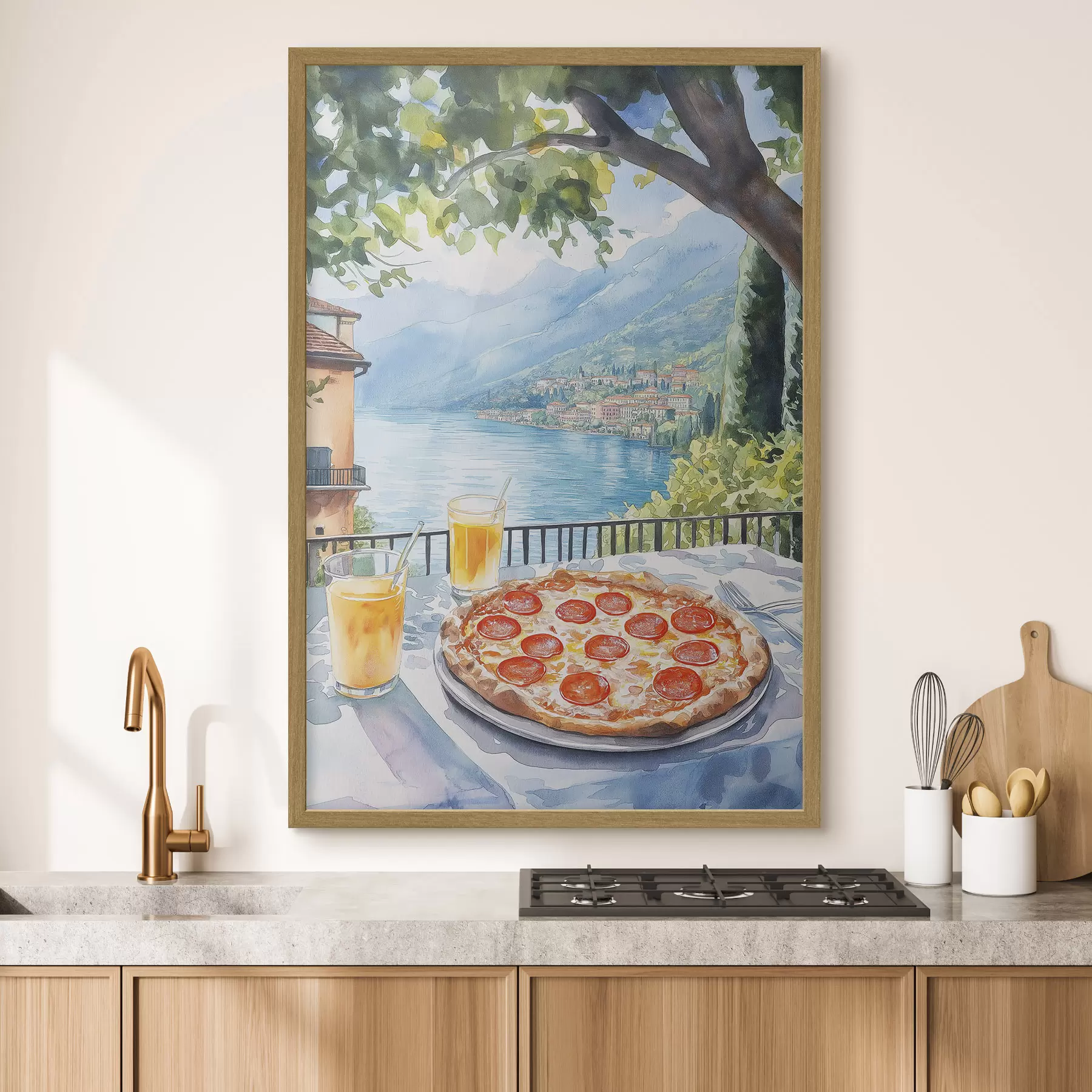 Papier peint Brunch en Italie, style aquarelle, pizza margarita, lac, nature estivale f42436
