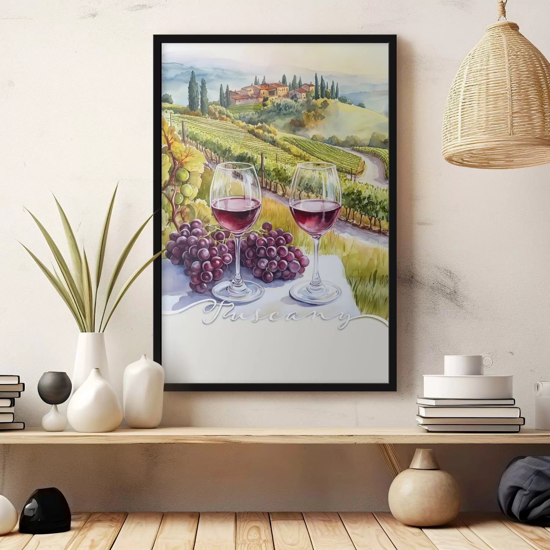 Papier peint Paysages de Toscane, style aquarelle, verres à vin, raisins, coucher de soleil f42439