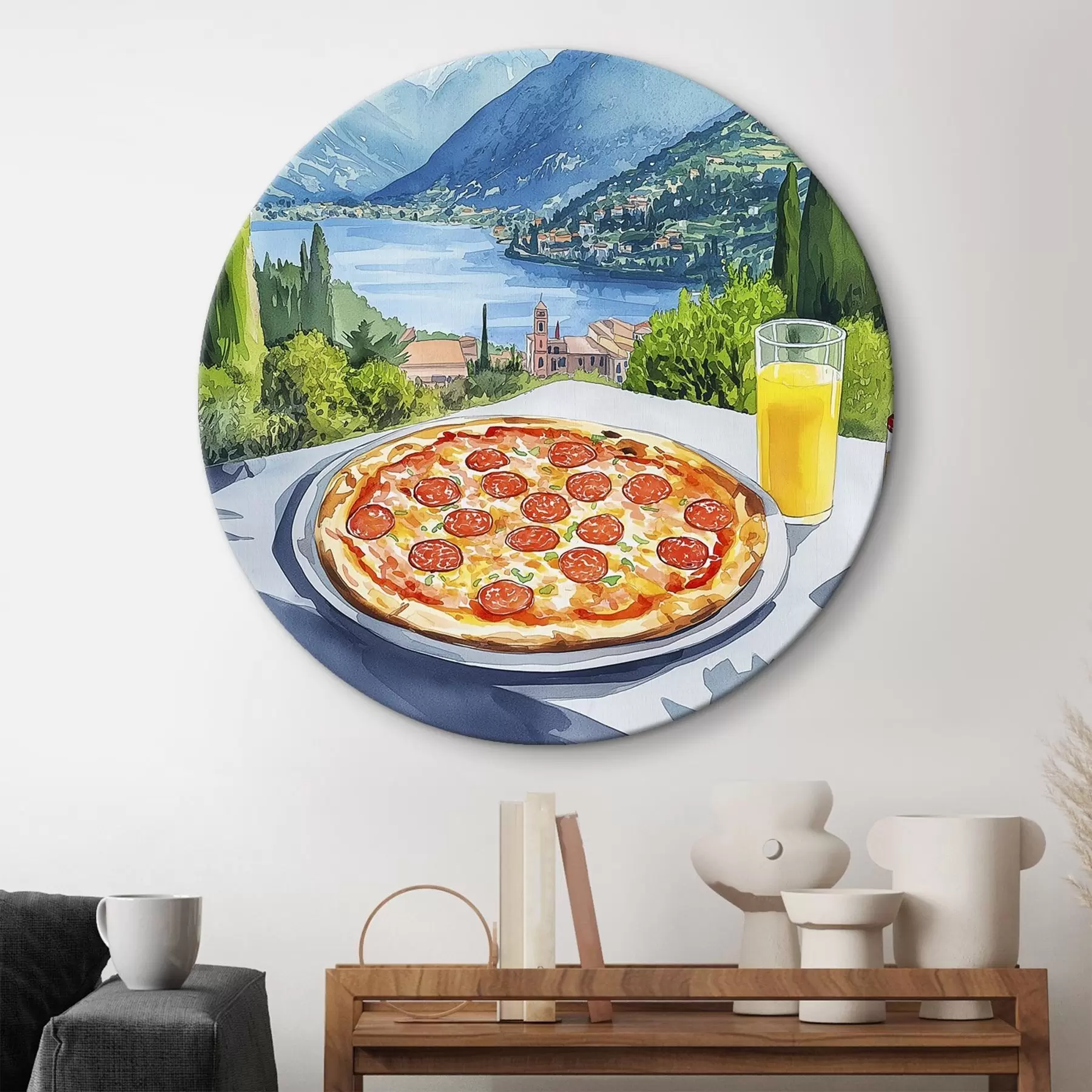 Tableau Aquarelle, Italie, pizza, vieille ville, paysage de montagne r42435