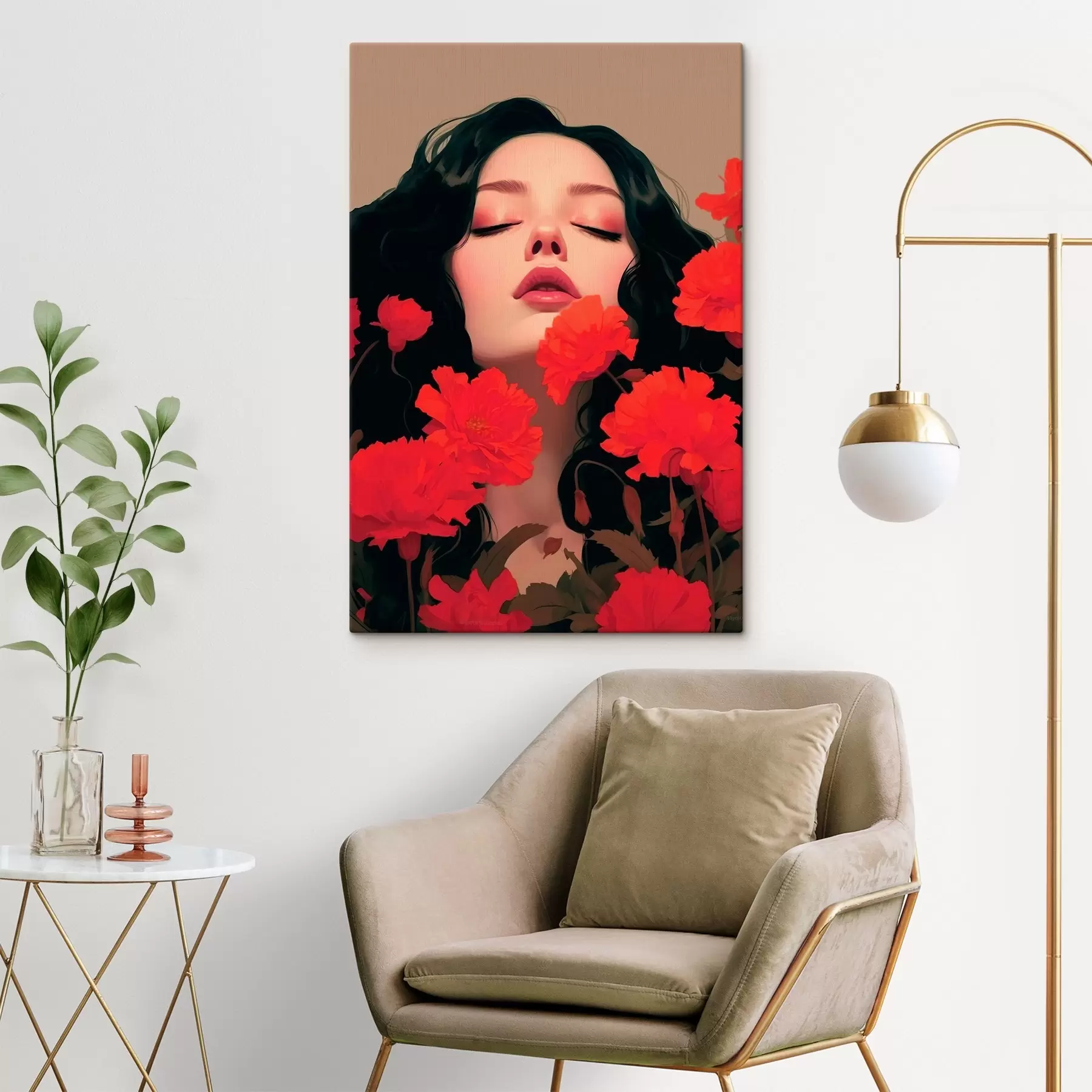 Tableau Portrait de femme parmi des fleurs rouges s42478