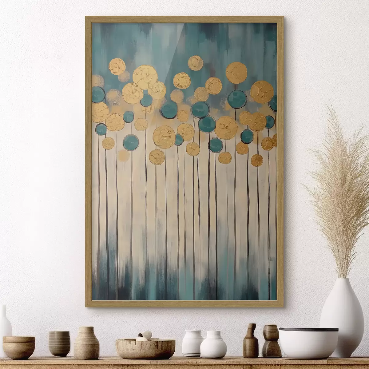 Poster Abstraction décorative avec des éléments ronds sur fond bleu et beige f42476