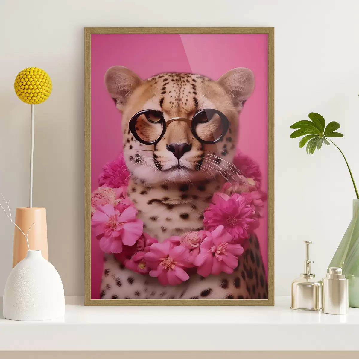 Poster Guépard en lunettes avec guirlande de fleurs f42477