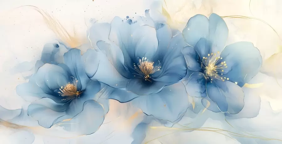 Papier peint Peinture florale de rêve avec de grandes fleurs bleues délicates w02769