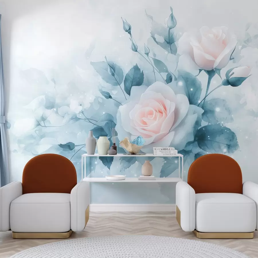 Papier peint Délicates roses pêche dans des tons turquoise dans un style aquarelle w02871