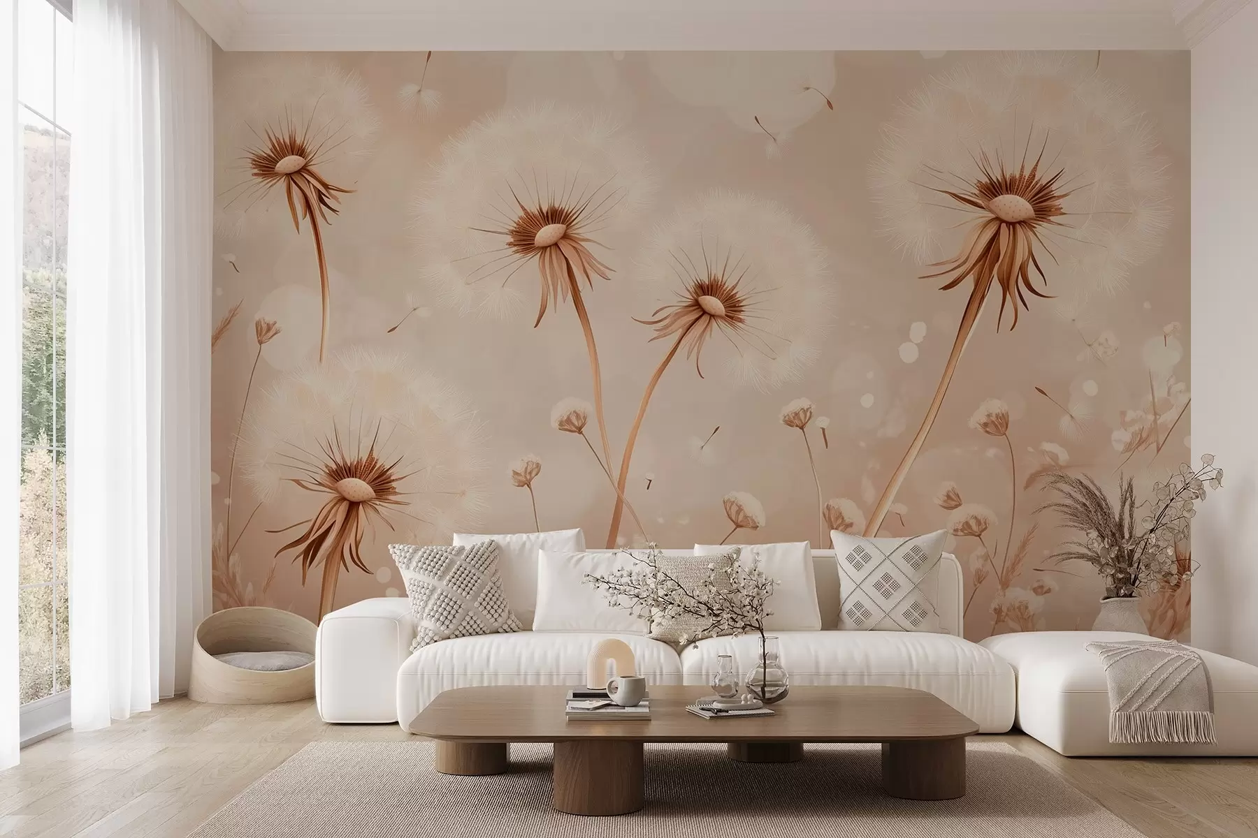 Papier peint Élégants pissenlits et fleurs sauvages dans un style pictural aux tons chauds w08657