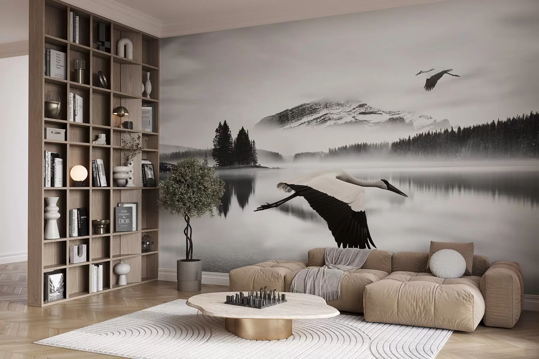 Papier peint Cigogne en vol au-dessus d'une rivière et de montagnes, paysage en noir et blanc avec des oiseaux w08658