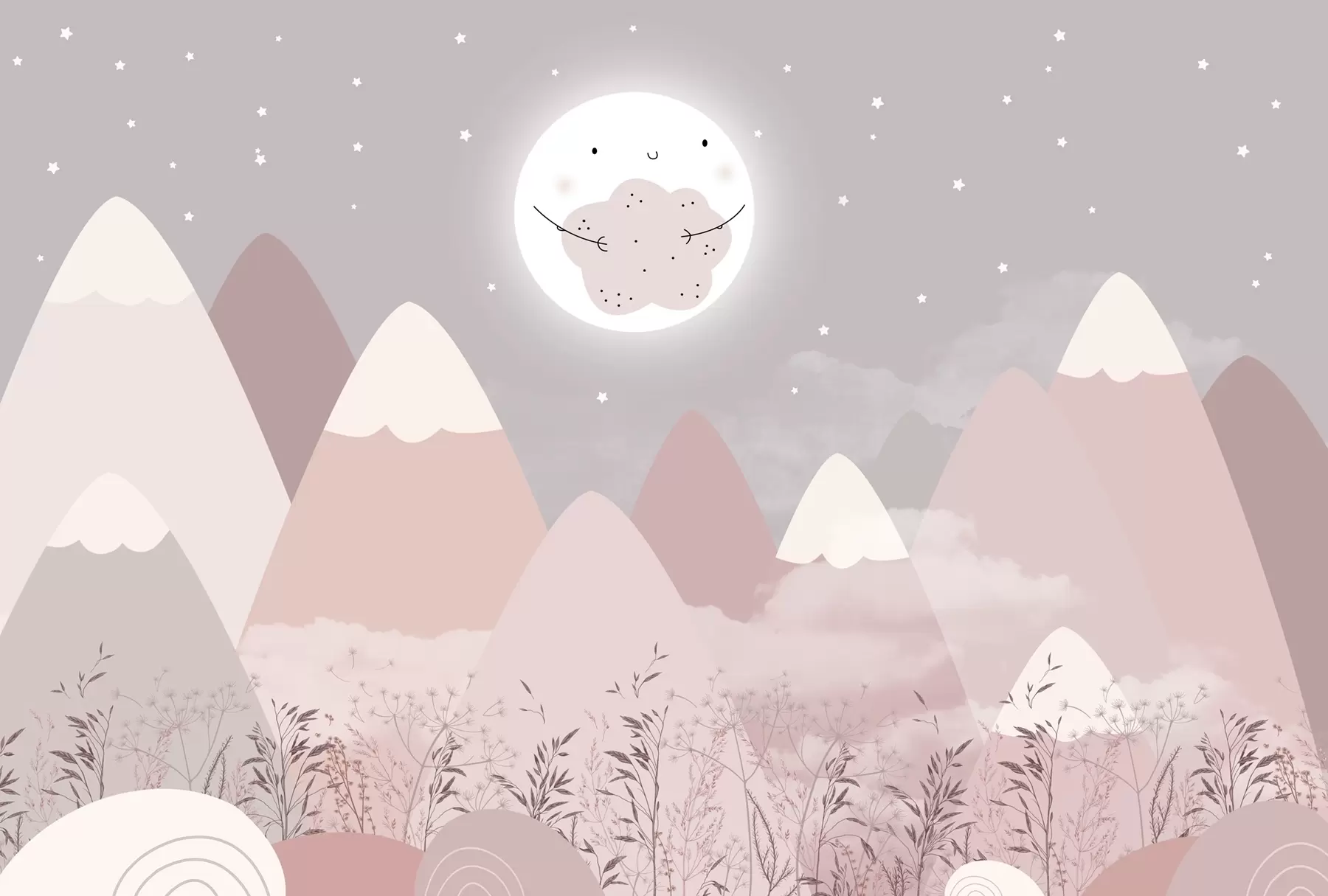 Papier peint Montagnes pour enfants avec une jolie lune et des plantes en bas w08659