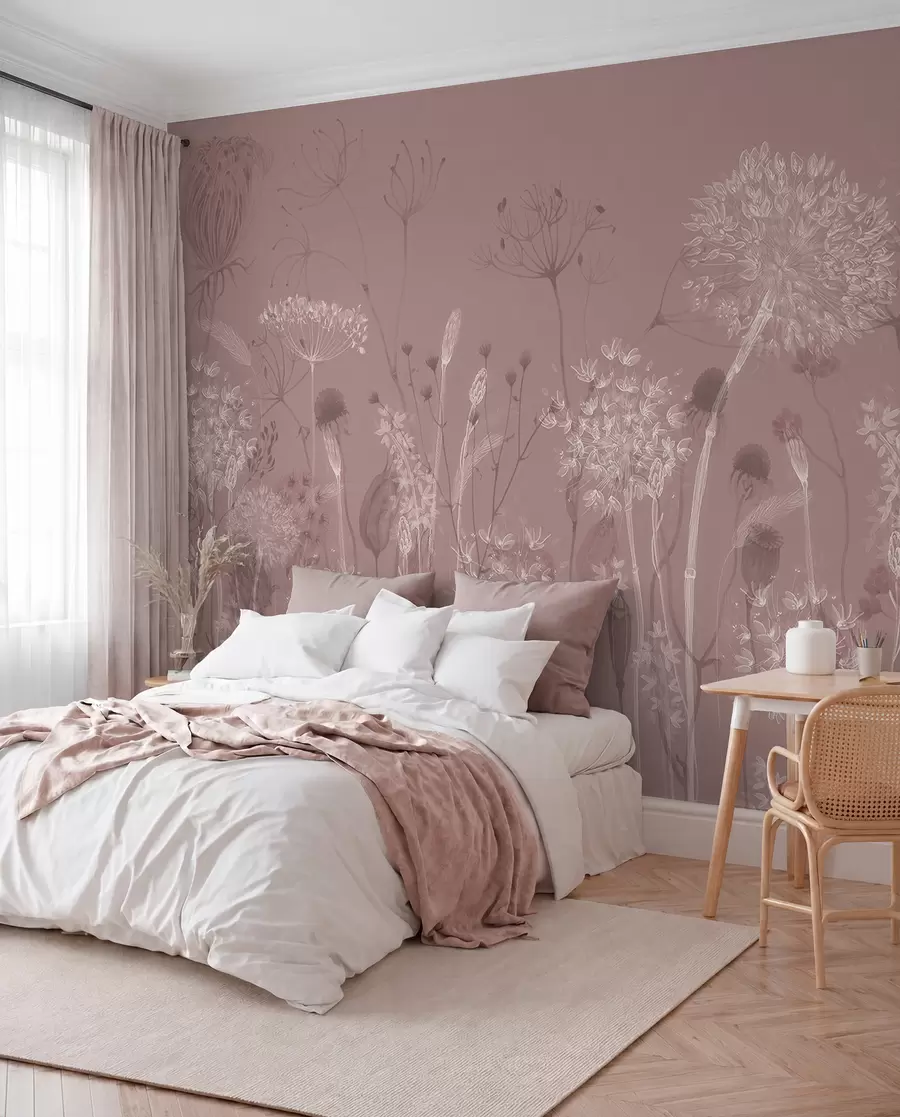 Papier peint Pissenlits et fleurs sauvages aériens dans un style aquarelle dans les tons roses w08637v1