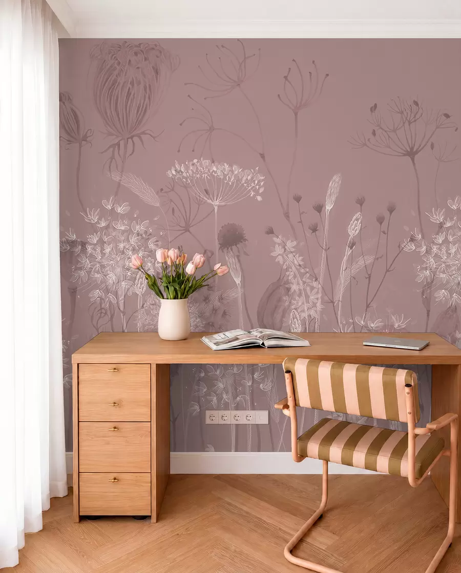 Papier peint Pissenlits et fleurs sauvages aériens dans un style aquarelle dans les tons roses w08637v1