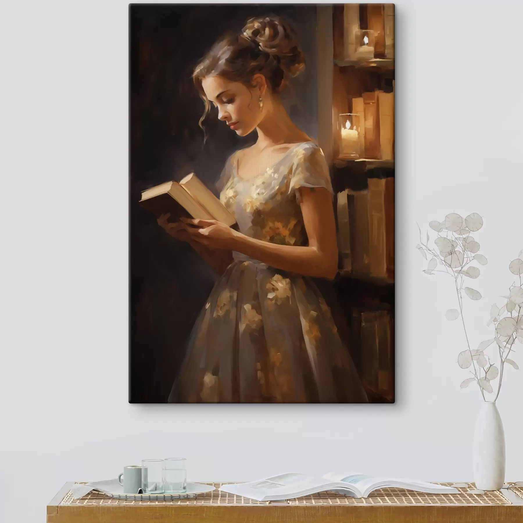 Tableau Une jeune femme vêtue d'une robe élégante lisant un livre dans un éclairage d'ambiance, entourée d'étagères et de la douce lueur de bougies. s42570