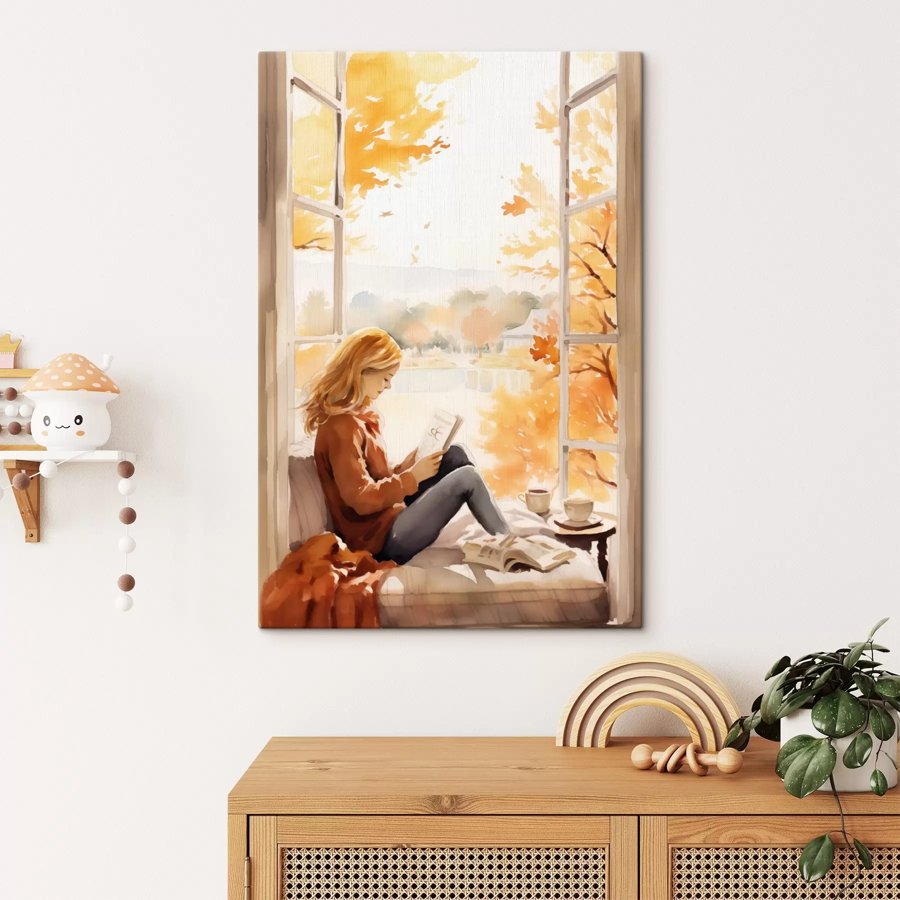 Papier peint Une jeune fille lisant un livre près d'une fenêtre ouverte dans un décor d'automne, avec des arbres dorés en arrière-plan et une tasse de thé à proximité. s42572
