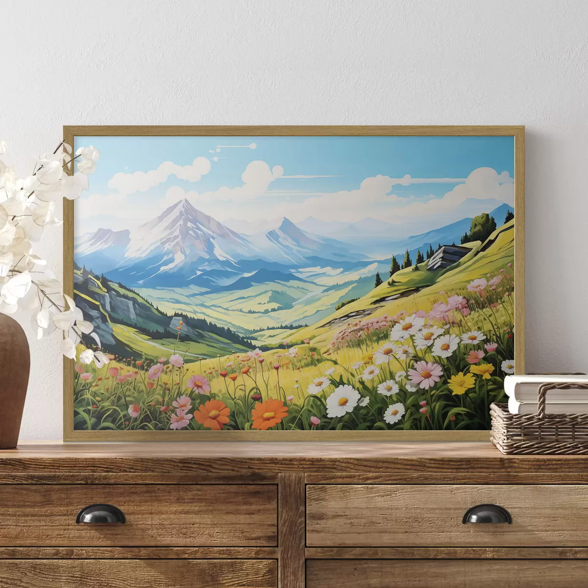 Poster Un paysage de montagne vibrant avec des prairies en fleurs, des collines verdoyantes et des sommets majestueux sous un ciel bleu limpide f42565