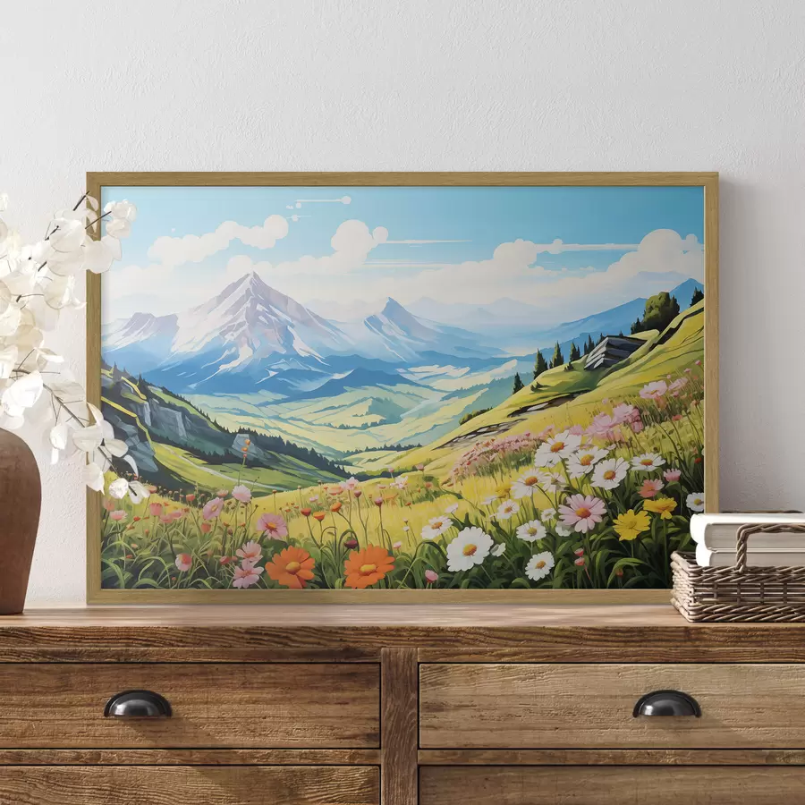 Papier peint Un paysage de montagne vibrant avec des prairies en fleurs, des collines verdoyantes et des sommets majestueux sous un ciel bleu limpide f42565