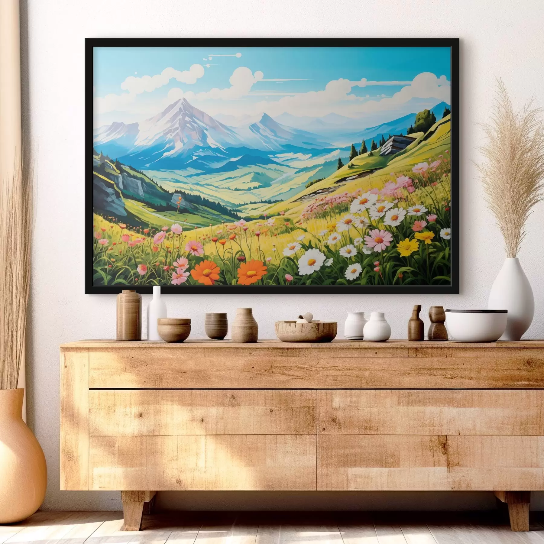 Papier peint Un paysage de montagne vibrant avec des prairies en fleurs, des collines verdoyantes et des sommets majestueux sous un ciel bleu limpide. f42565