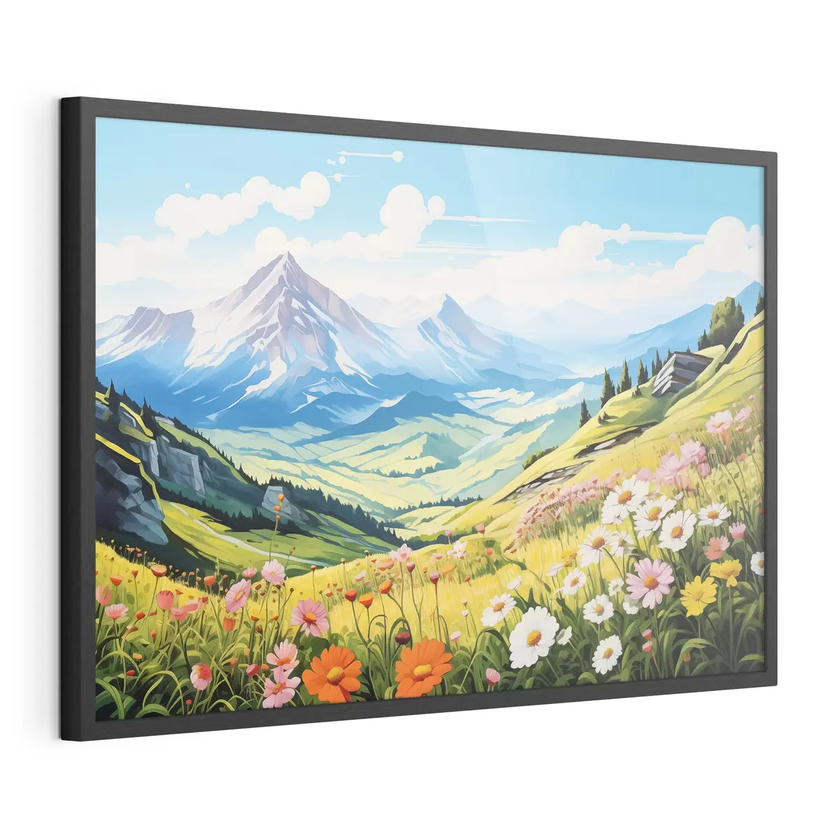 Poster Un paysage de montagne vibrant avec des prairies en fleurs, des collines verdoyantes et des sommets majestueux sous un ciel bleu limpide f42565