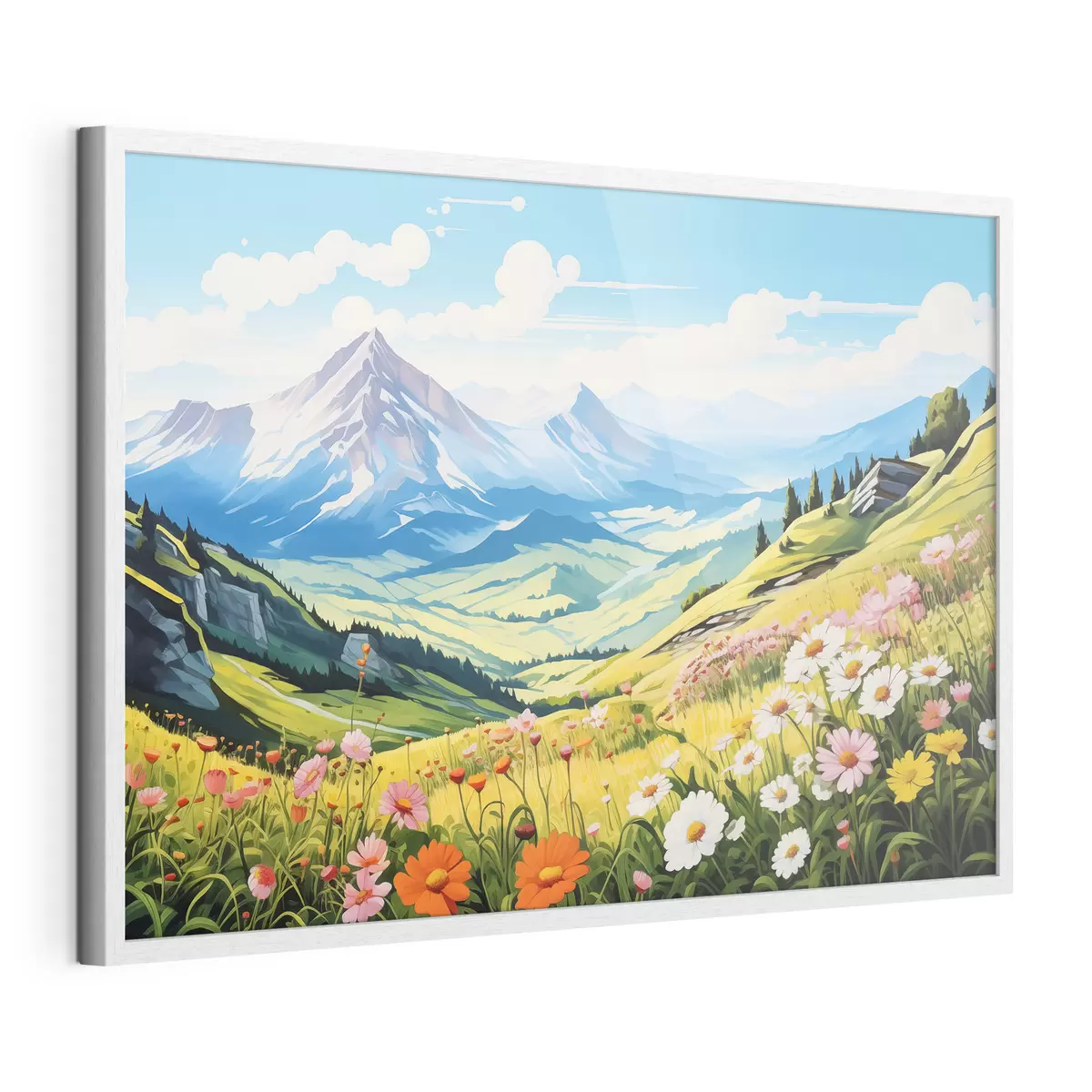 Poster Un paysage de montagne vibrant avec des prairies en fleurs, des collines verdoyantes et des sommets majestueux sous un ciel bleu limpide f42565