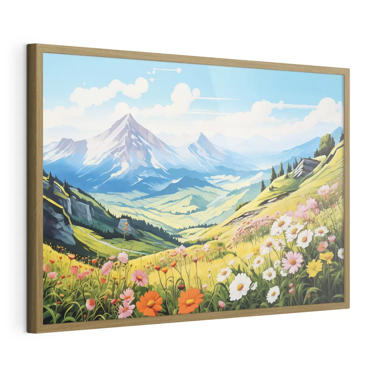 Poster Un paysage de montagne vibrant avec des prairies en fleurs, des collines verdoyantes et des sommets majestueux sous un ciel bleu limpide f42565