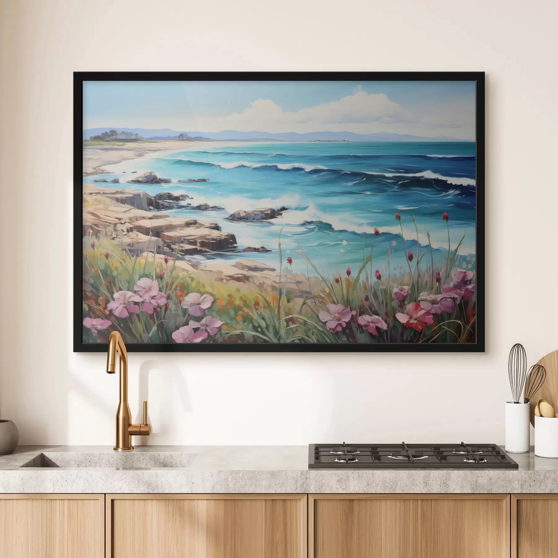 Papier peint Un paysage marin avec des vagues turquoise, un rivage rocailleux et des fleurs lumineuses au premier plan sous un ciel bleu clair. f42568