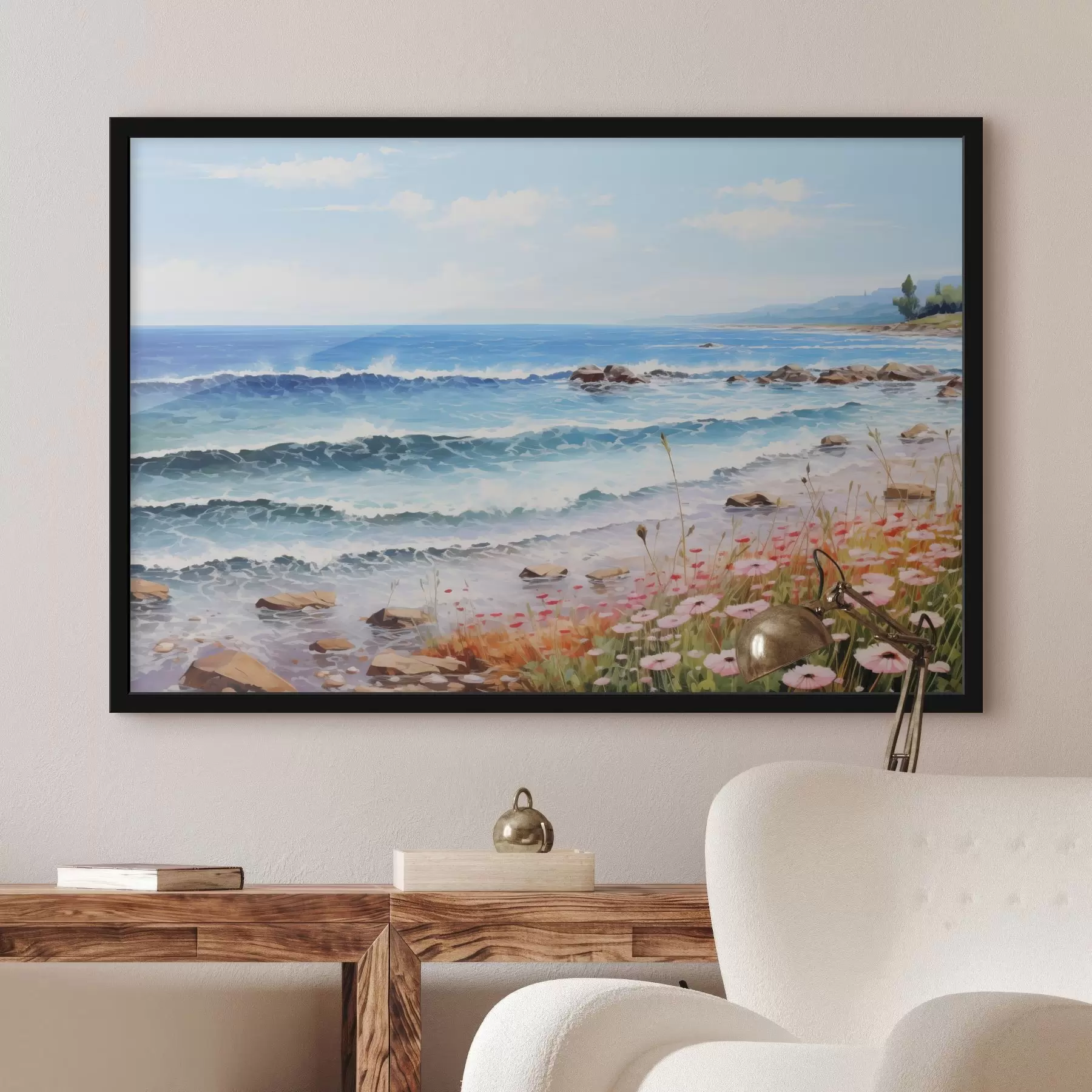 Papier peint Une vue de bord de mer avec des vagues turquoise, une plage de galets et de délicates fleurs roses au premier plan sous un ciel lumineux. f42569