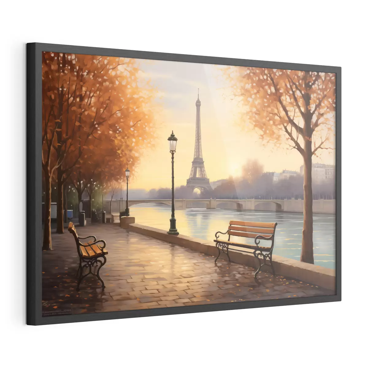 Poster L'automne à Paris avec vue sur la tour Eiffel, les berges de la Seine recouvertes de feuilles, les bancs et les lampadaires qui ajoutent une touche romantique f42577
