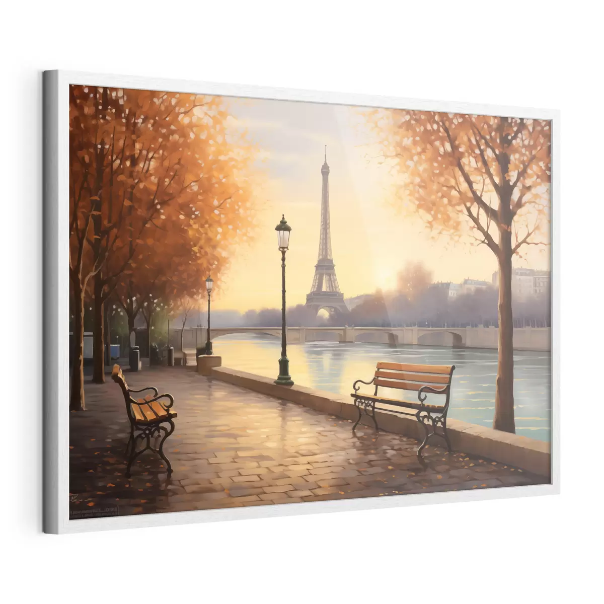 Poster L'automne à Paris avec vue sur la tour Eiffel, les berges de la Seine recouvertes de feuilles, les bancs et les lampadaires qui ajoutent une touche romantique f42577