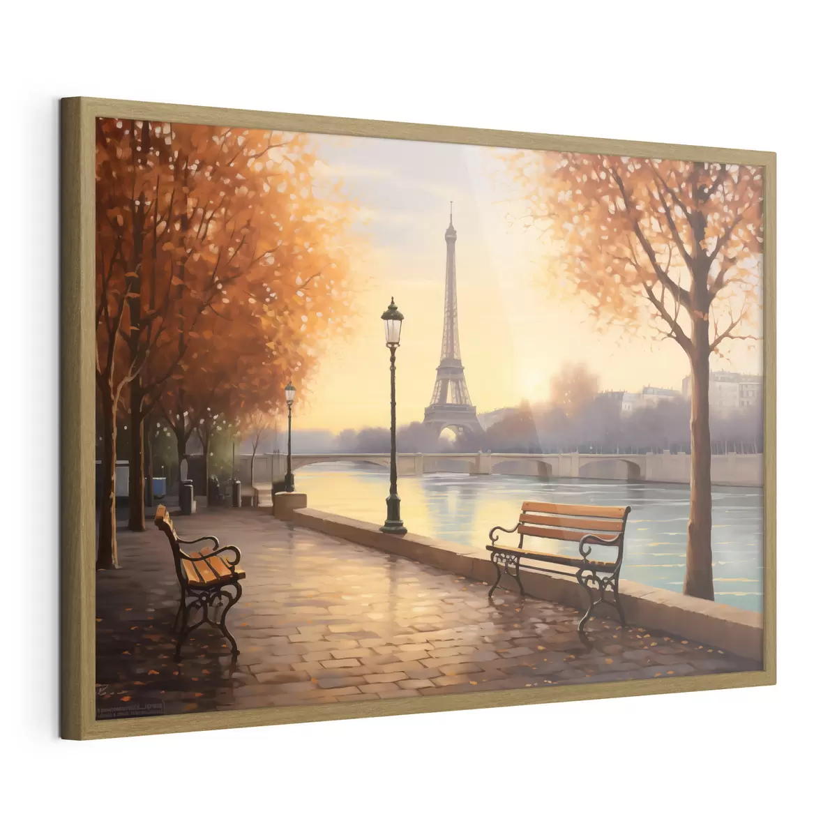 Poster L'automne à Paris avec vue sur la tour Eiffel, les berges de la Seine recouvertes de feuilles, les bancs et les lampadaires qui ajoutent une touche romantique f42577