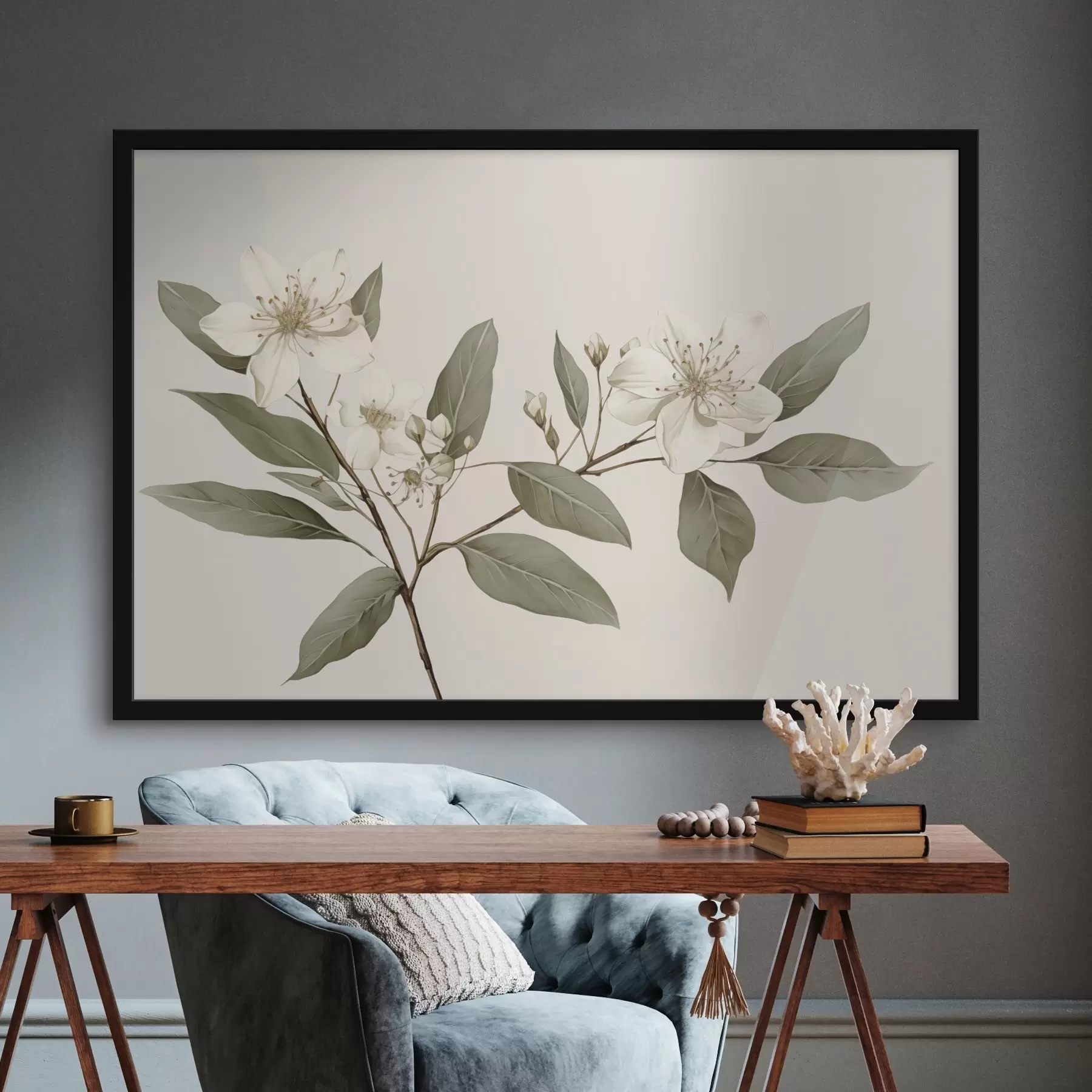 Papier peint Une branche délicate avec des fleurs blanches et des feuilles vertes sur un fond clair, avec des détails doux et un style élégant. f42583