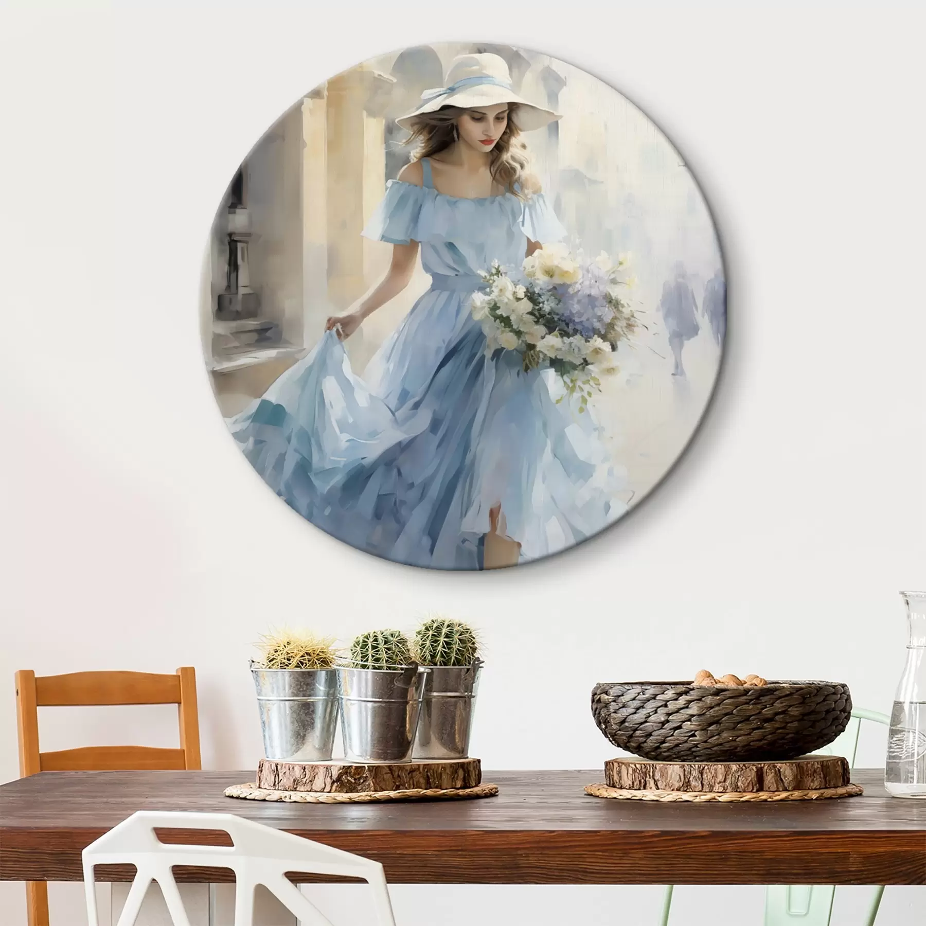 Tableau Une élégante jeune fille vêtue d'une robe bleu clair et d'un chapeau se promène dans la ville, un bouquet de fleurs à la main, dans une ambiance légère et romantique. r42580