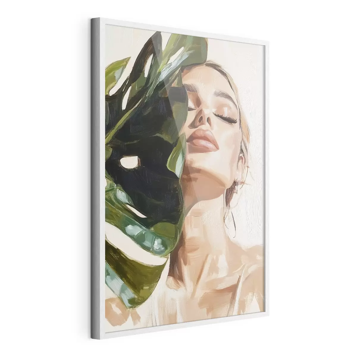 Poster Portrait d'une femme avec une feuille de monstera avec imitation de coups de pinceau f42597