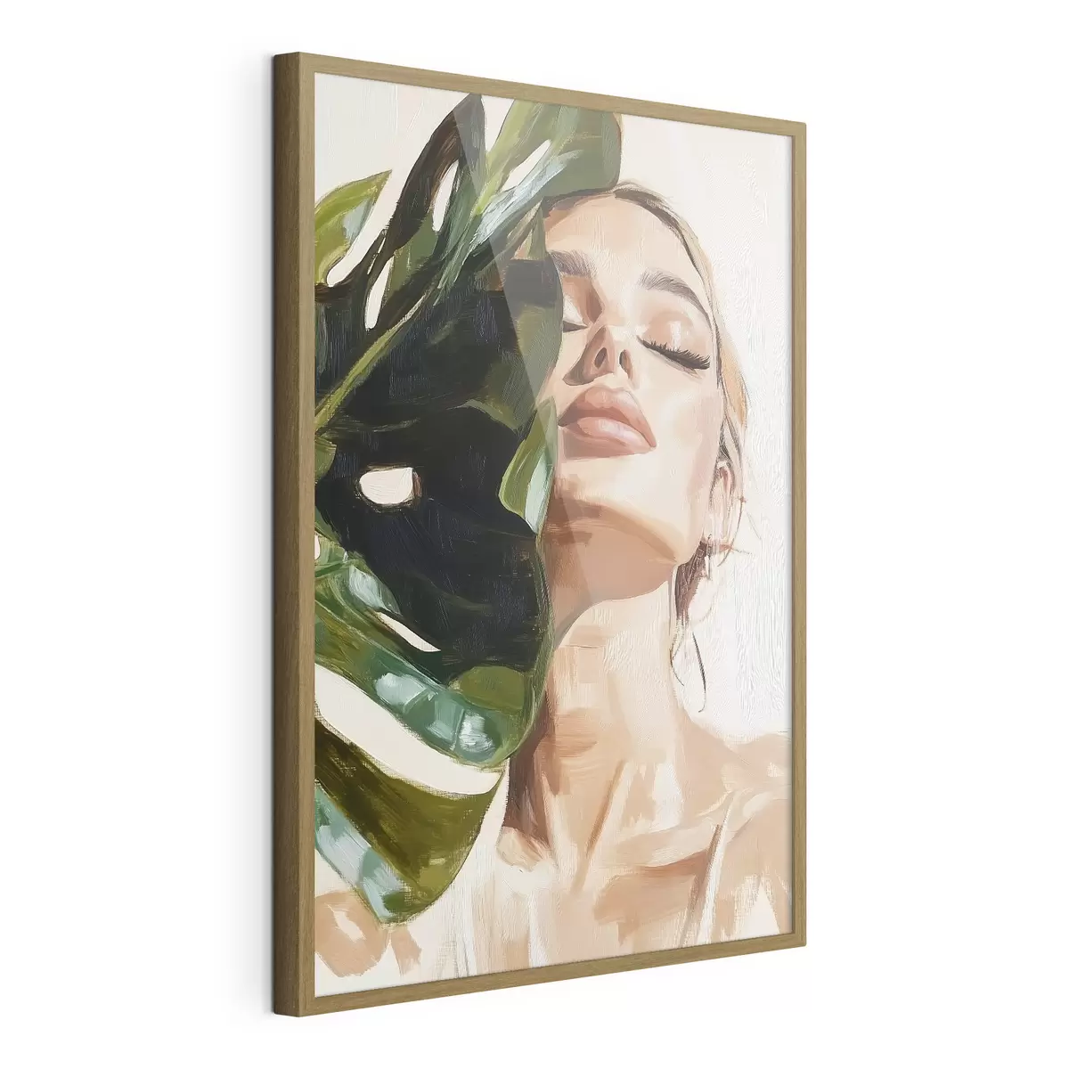 Poster Portrait d'une femme avec une feuille de monstera avec imitation de coups de pinceau f42597