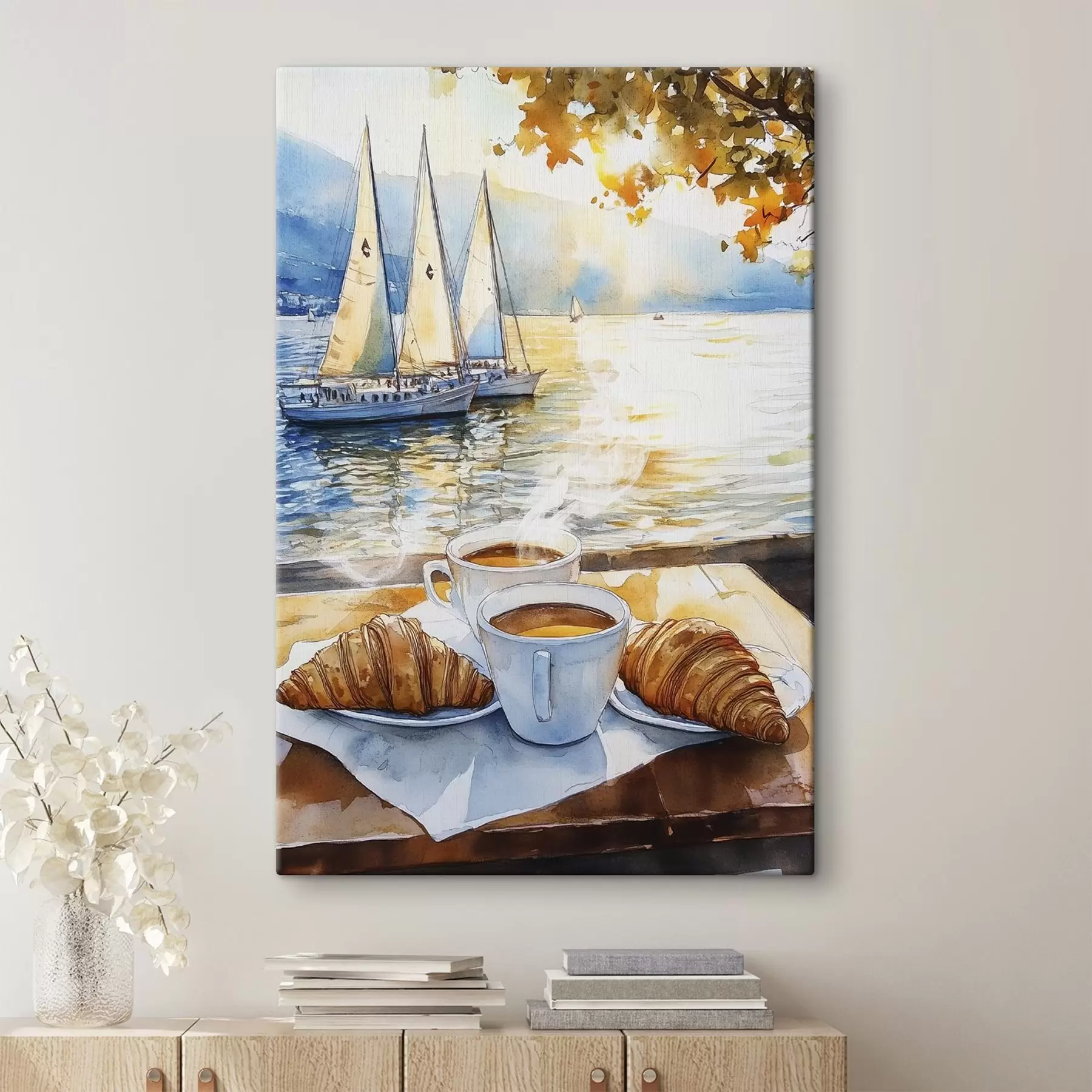 Papier peint Tasses de café, couleurs du coucher de soleil, lac, voiliers, nature, voyage s42443