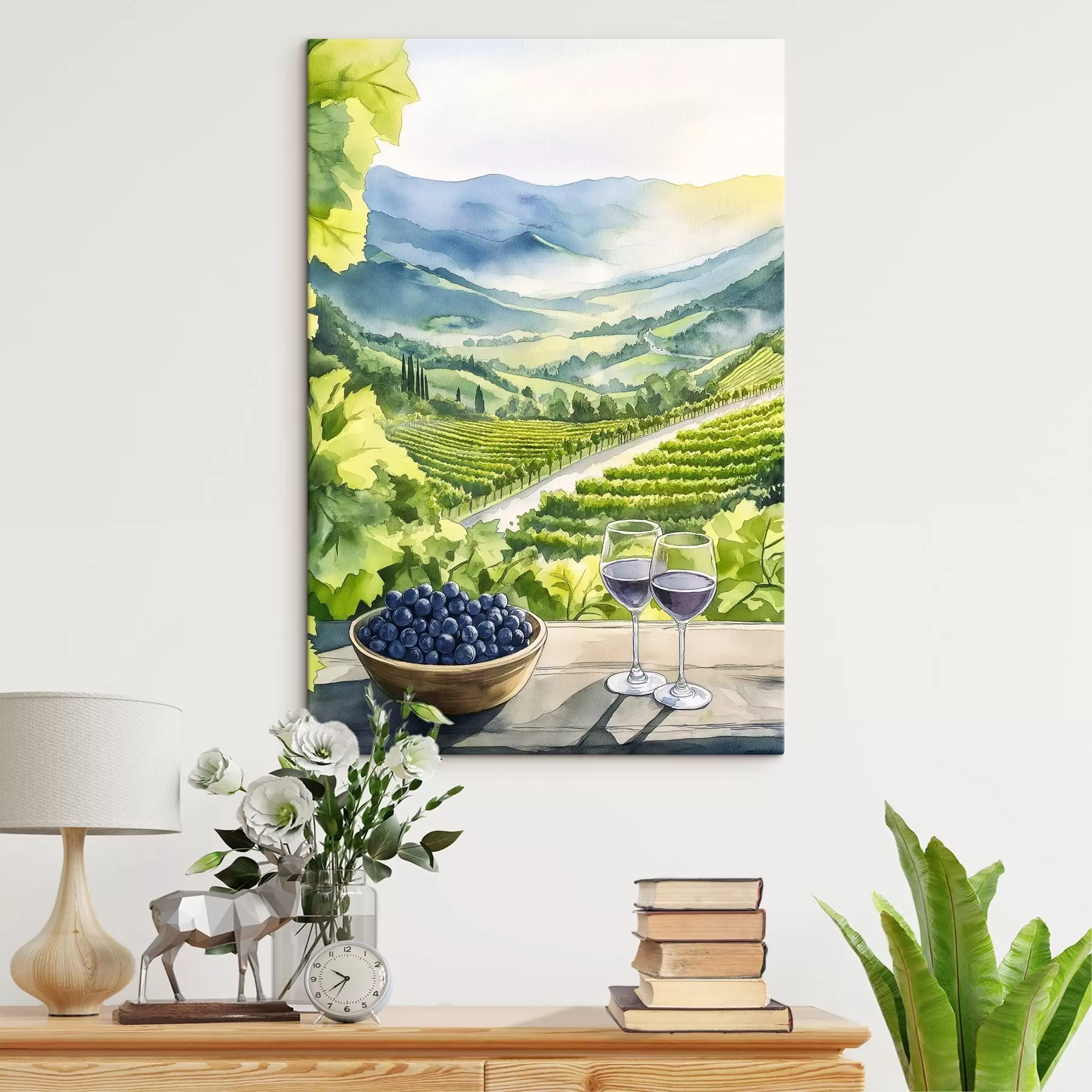 Tableau Jardins de pêche, paysages de style aquarelle, verres à vin s42444