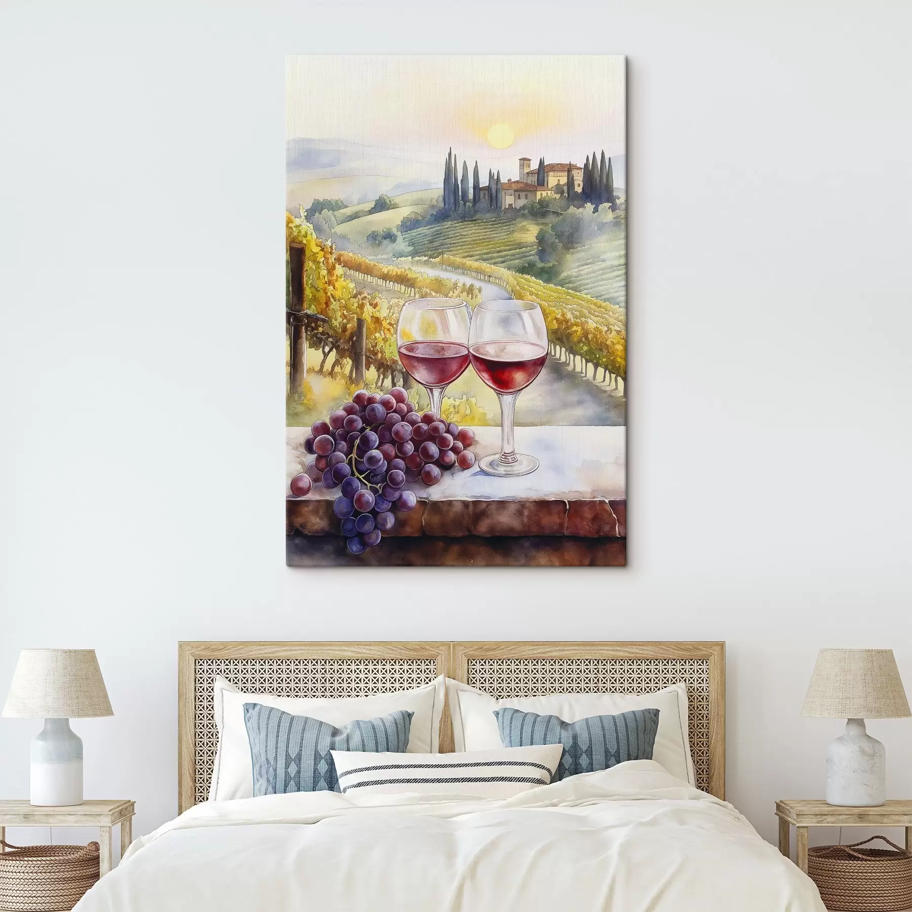 Tableau Coucher de soleil en Toscane, vignoble, architecture ancienne, aquarelle, Italie s42446
