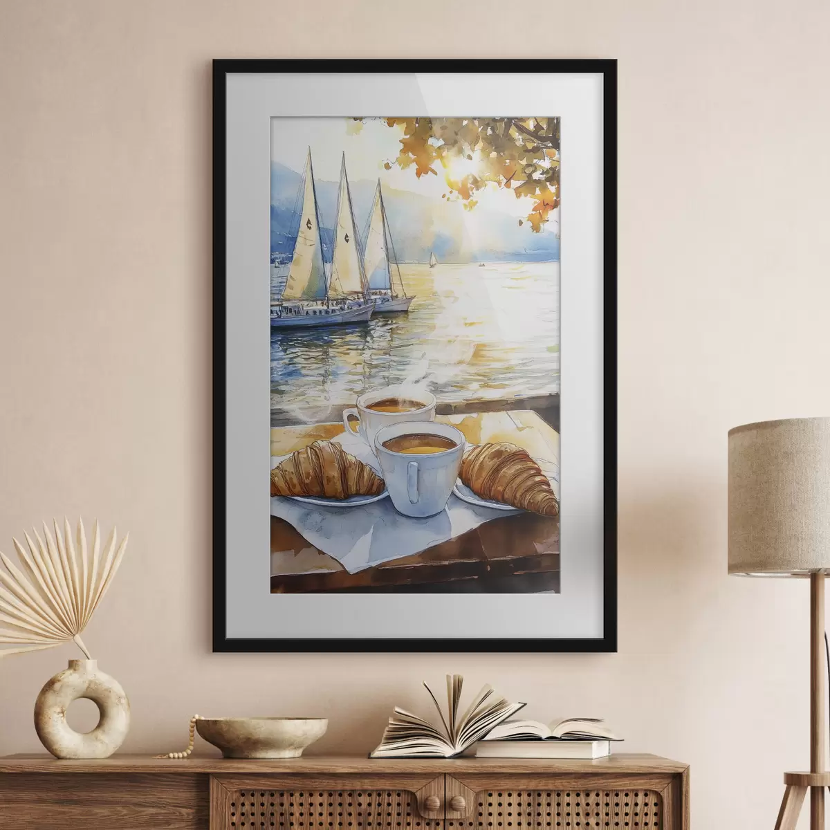 Poster Tasses de café, couleurs du coucher de soleil, lac, voiliers, nature, voyage f42443