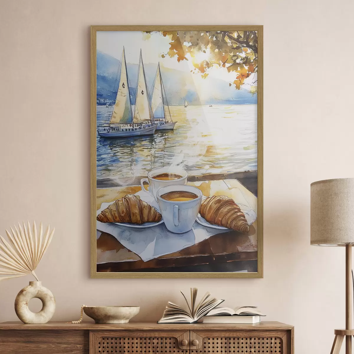 Poster Tasses de café, couleurs du coucher de soleil, lac, voiliers, nature, voyage f42443