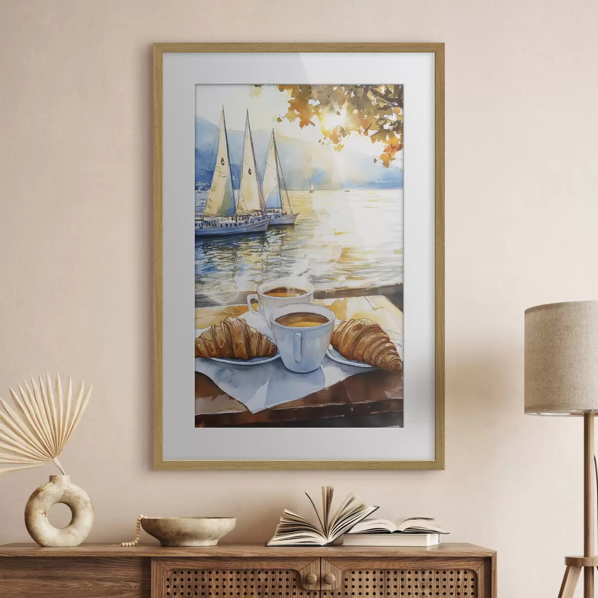 Poster Tasses de café, couleurs du coucher de soleil, lac, voiliers, nature, voyage f42443