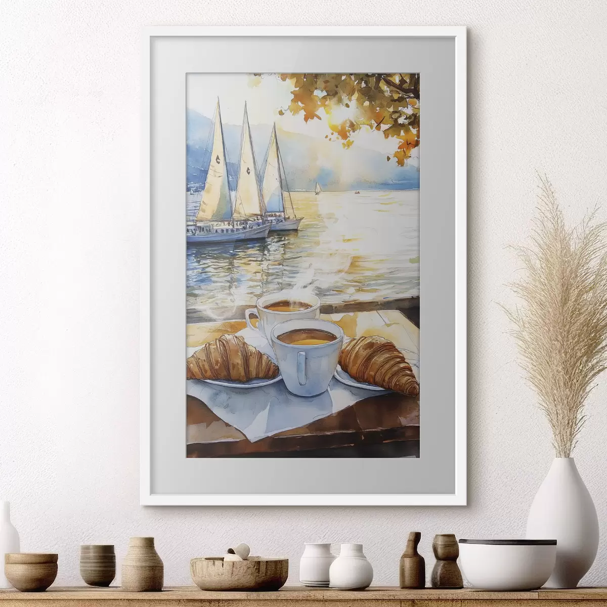 Poster Tasses de café, couleurs du coucher de soleil, lac, voiliers, nature, voyage f42443