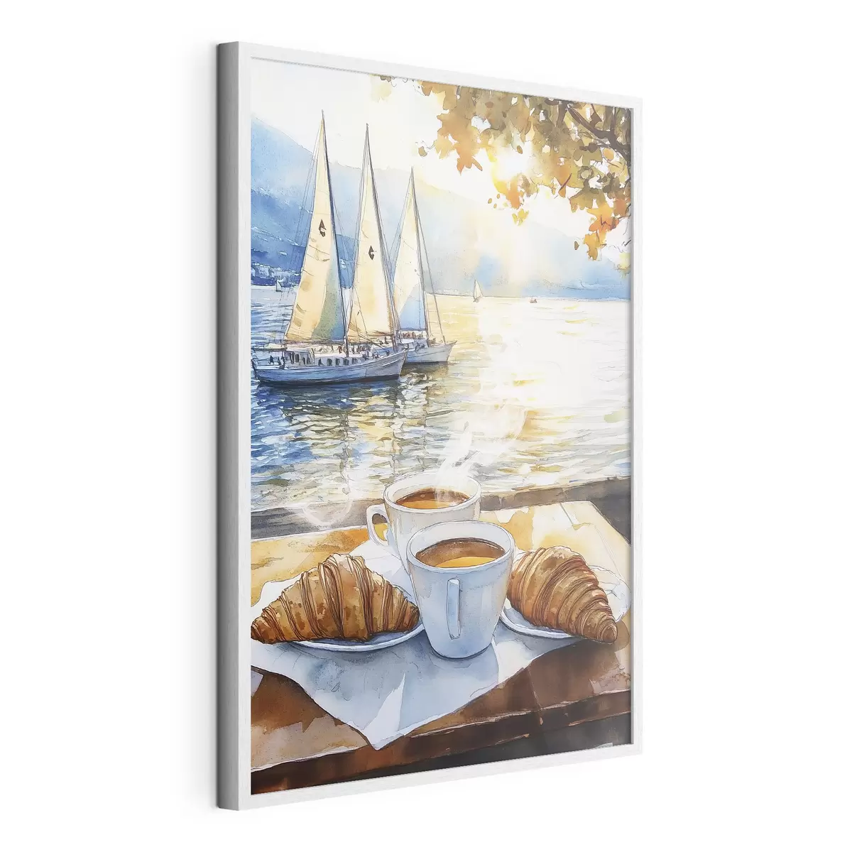 Poster Tasses de café, couleurs du coucher de soleil, lac, voiliers, nature, voyage f42443