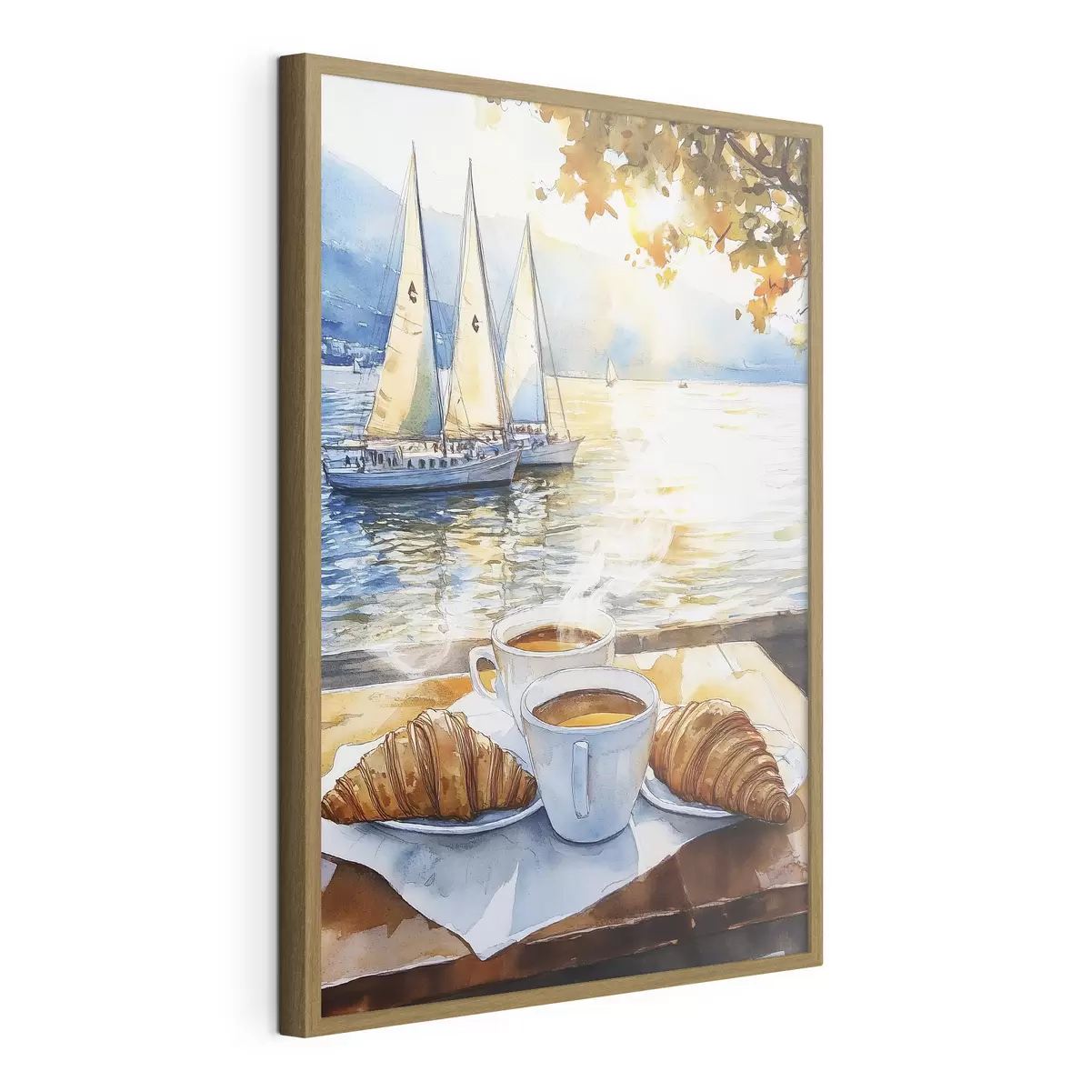 Poster Tasses de café, couleurs du coucher de soleil, lac, voiliers, nature, voyage f42443