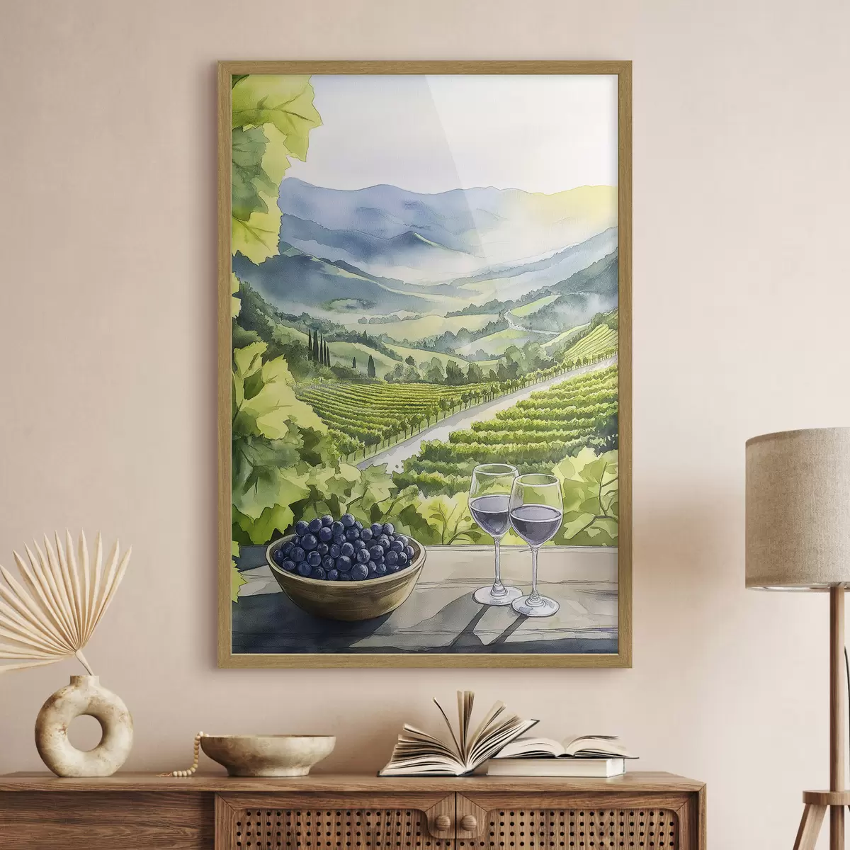 Poster Jardins de pêche, paysages de style aquarelle, verres à vin f42444