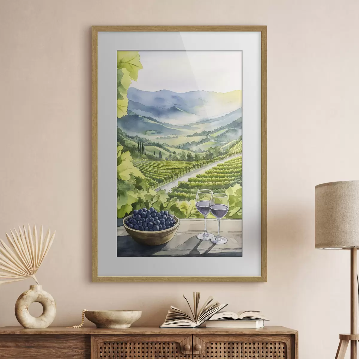 Poster Jardins de pêche, paysages de style aquarelle, verres à vin f42444