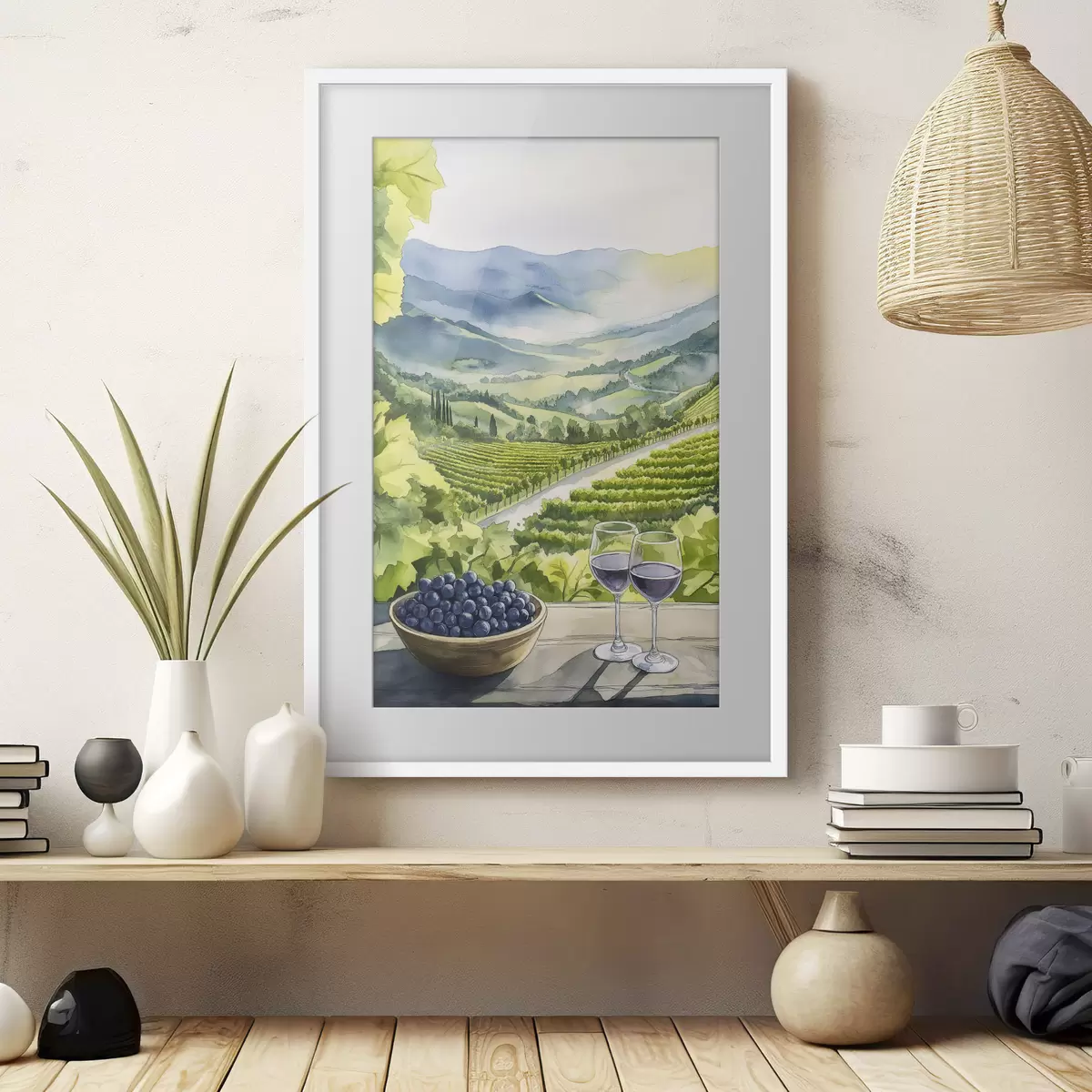 Poster Jardins de pêche, paysages de style aquarelle, verres à vin f42444