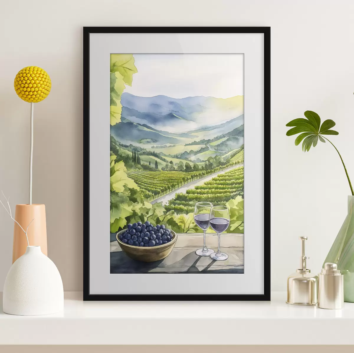 Poster Jardins de pêche, paysages de style aquarelle, verres à vin f42444