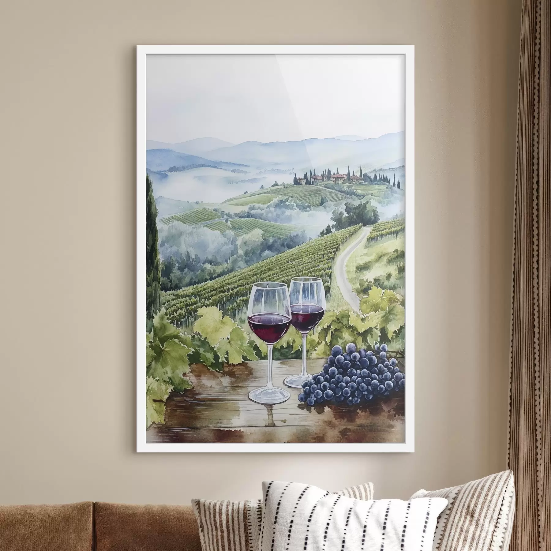 Papier peint Paysage de Toscane, vignobles, verres à vin, style aquarelle f42445