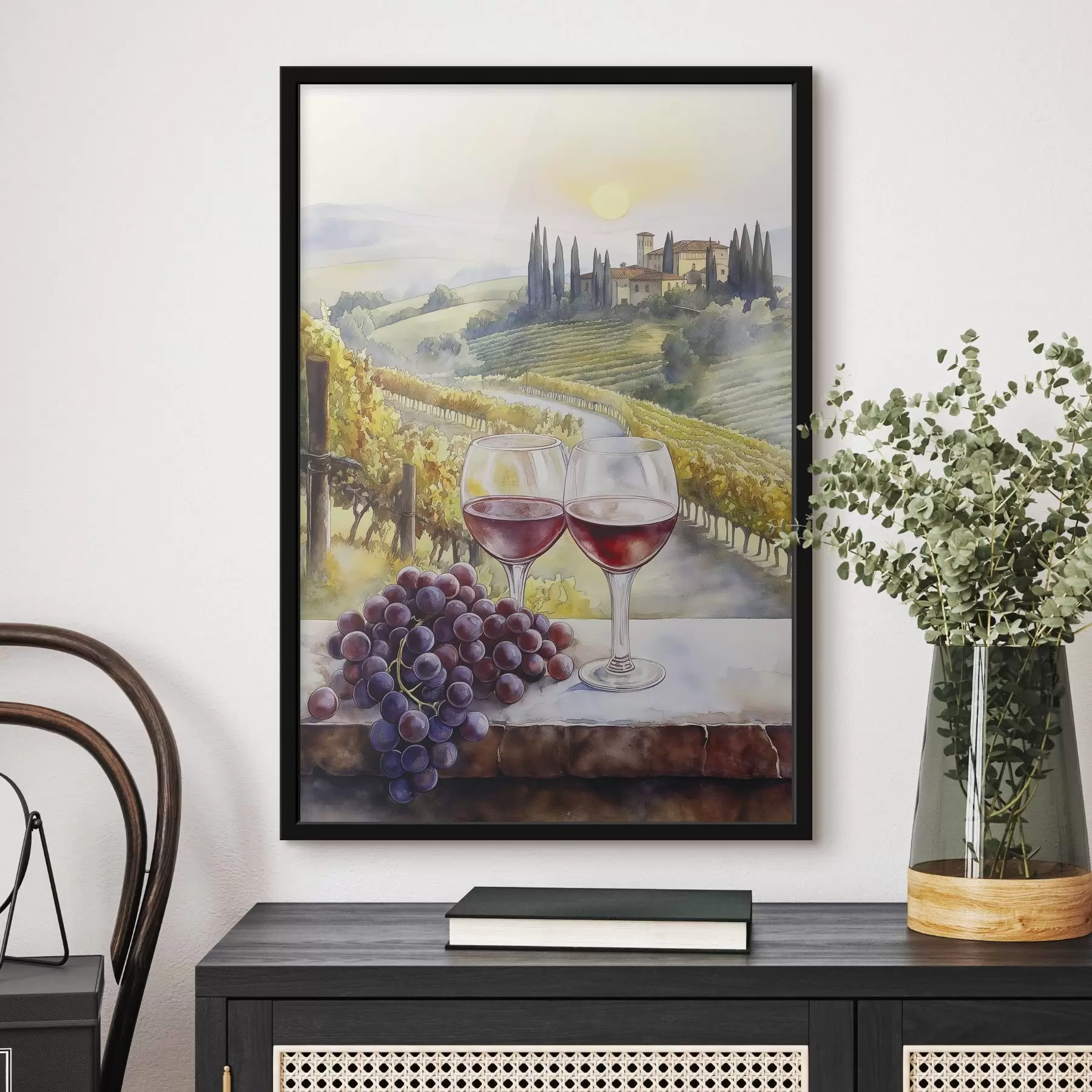 Papier peint Coucher de soleil en Toscane, vignoble, architecture ancienne, aquarelle, Italie f42446