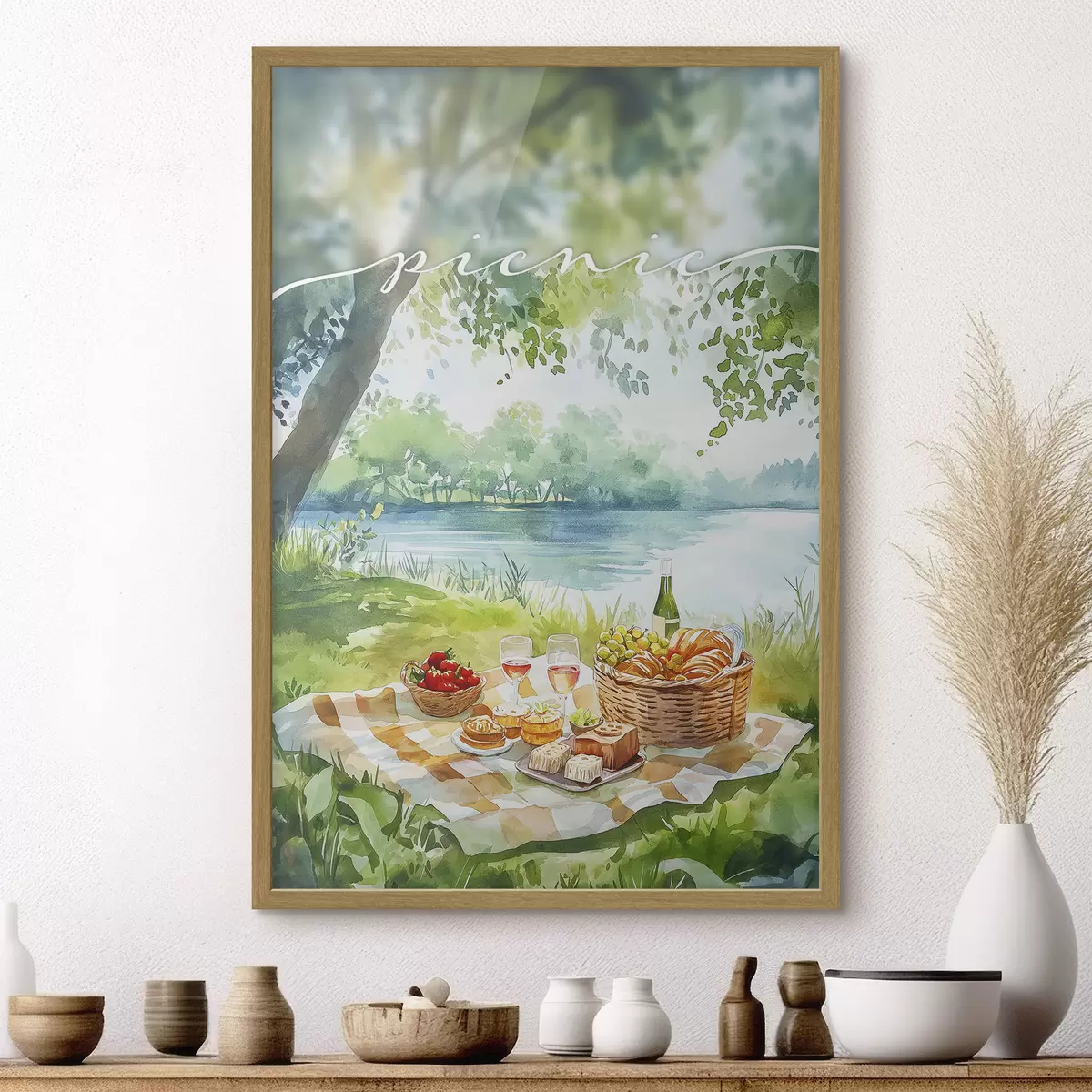 Poster Esthétique du pique-nique, nature estivale, lac, romantique, style aquarelle f42450