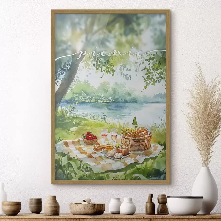 Papier peint Esthétique du pique-nique, nature estivale, lac, romantique, style aquarelle f42450