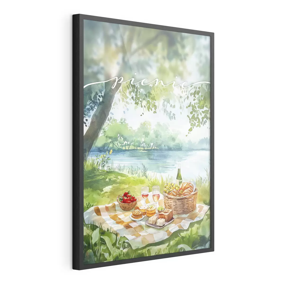 Poster Esthétique du pique-nique, nature estivale, lac, romantique, style aquarelle f42450