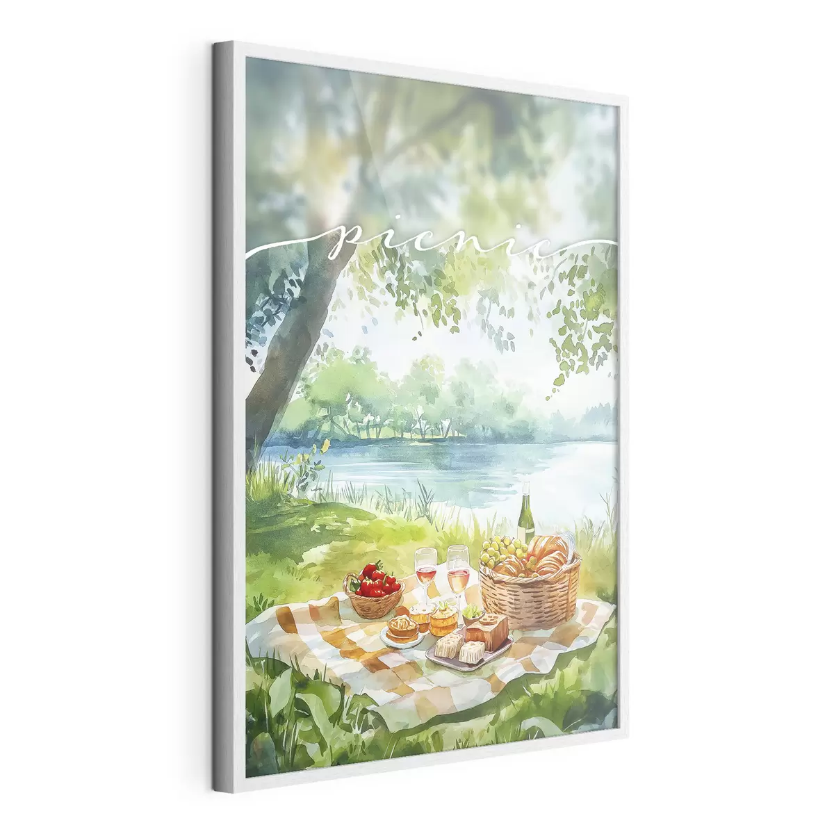 Poster Esthétique du pique-nique, nature estivale, lac, romantique, style aquarelle f42450